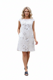 LINEN FLORAL CAP SLEEVE DRESS WITH RIBBING AND POCKETS L5868