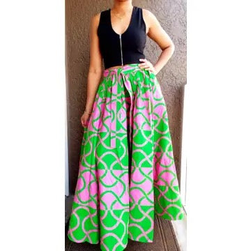 7001 Long Flared Printed Skirt- Green/Pink