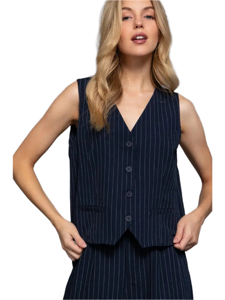 Navy V-Neckline with Front Button Closure Pin Stripe Woven Vest