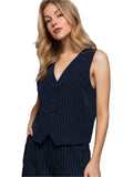 Navy V-Neckline with Front Button Closure Pin Stripe Woven Vest