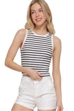 Sleeveless Round Neck Stripe Cotton Rib Knit Top
