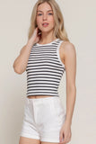 Sleeveless Round Neck Stripe Cotton Rib Knit Top