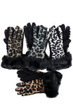 Faux Fur Detailed Leopard Printed Winter Gloves