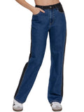 Side Contrast Color Straight Fit Denim Pants