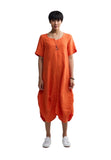 YALINA Solid linen balloon dress