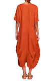 YALINA Solid linen balloon dress