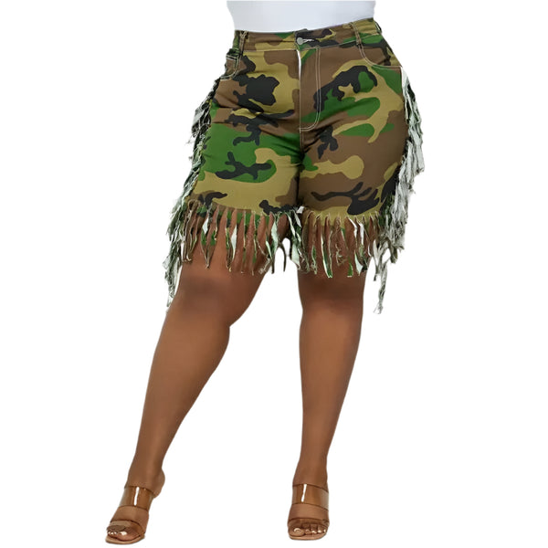 Plus Camo High Waisted Frayed Tassels Hem Denim Short