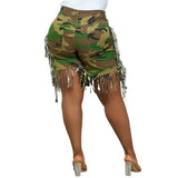 Plus Camo High Waisted Frayed Tassels Hem Denim Short