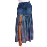Plus Front Slit Mesh Pleated Patchwork Maxi Denim Skirt