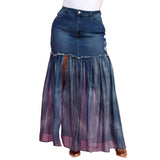 Plus Front Slit Mesh Pleated Patchwork Maxi Denim Skirt