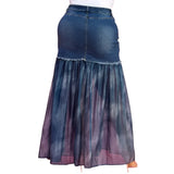 Plus Front Slit Mesh Pleated Patchwork Maxi Denim Skirt