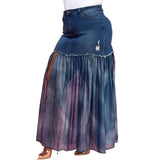 Plus Front Slit Mesh Pleated Patchwork Maxi Denim Skirt