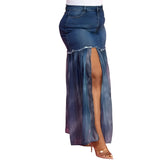 Plus Front Slit Mesh Pleated Patchwork Maxi Denim Skirt