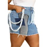 Plus Patch Frayed High Waisted Denim Shorts