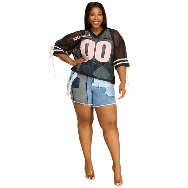 Plus Patch Frayed High Waisted Denim Shorts