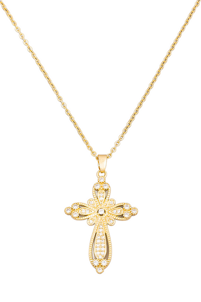 14K gold plated Pave Floral Cross Pendant Necklace Women