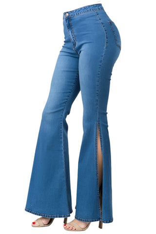 High waisted Denim Side Slit Flare Bottoms