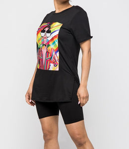 Graphic printed oversized top with short sets