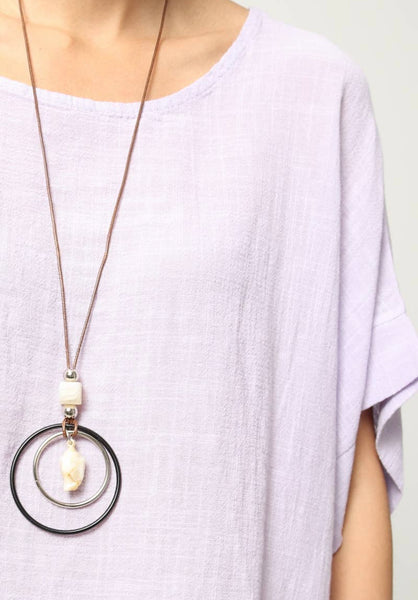 Long Cotton Blouse Solid Color w/Necklace