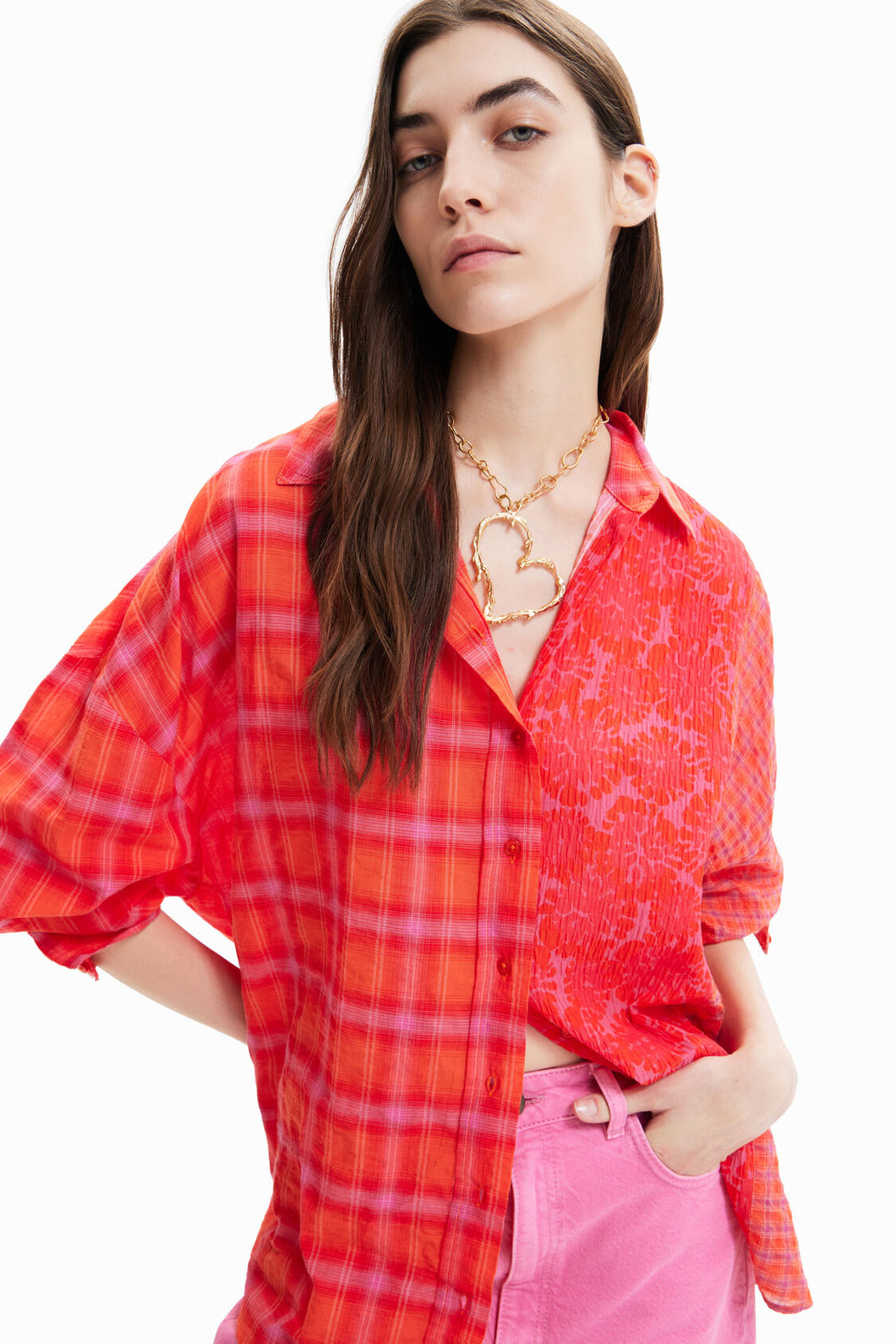 Oversize patchwork plaid shirt- women
