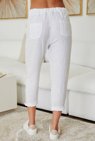 White Sequin Stripe pants in 100% Italian Linen