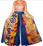 Denim and Print Pleated Wide Leg Pants