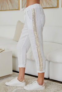 White Sequin Stripe pants in 100% Italian Linen