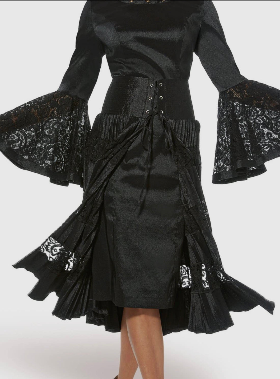 Black Pleated Fabric and Lace Skirt