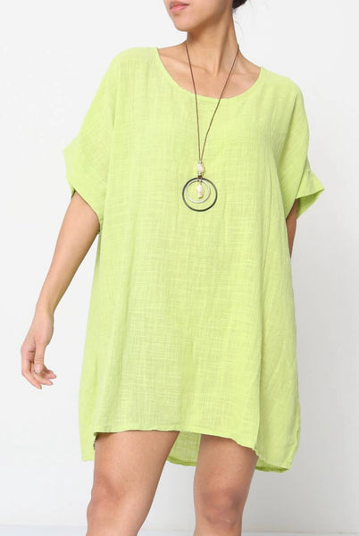 Long Cotton Blouse Solid Color w/Necklace