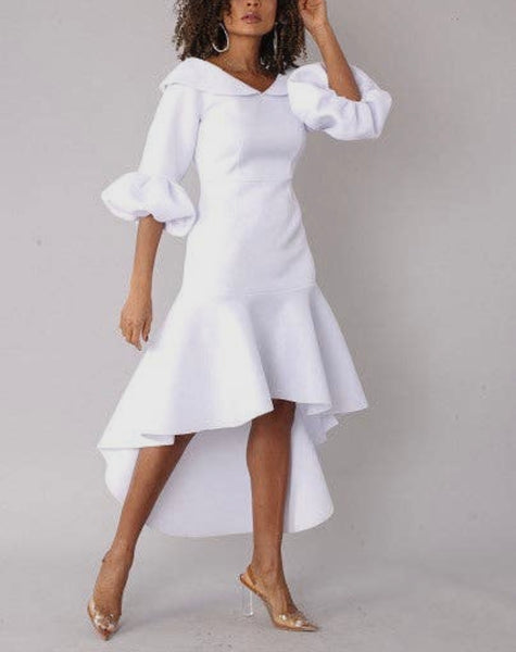 Pure White Puffy Sleeves Scuba Dress