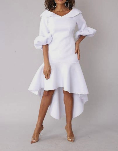 Pure White Puffy Sleeves Scuba Dress