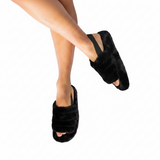 Black Fluffy Mule Elastic Strap Slippers