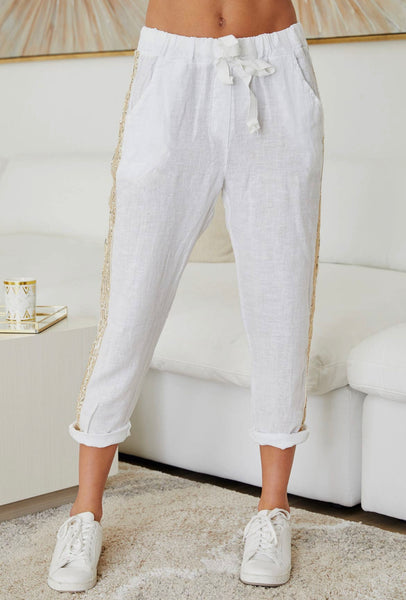 White Sequin Stripe pants in 100% Italian Linen