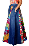 Denim and Print Pleated Wide Leg Pants
