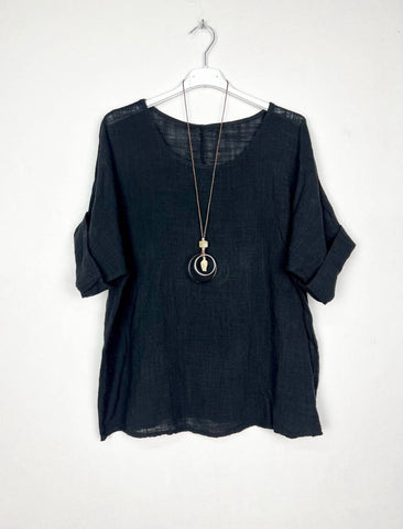 Cotton Blouse Solid Color w/Necklace