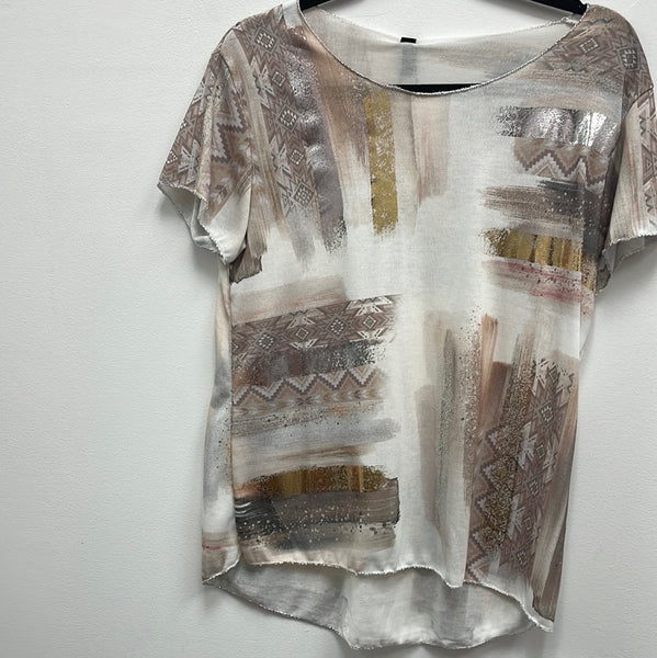 Aztec Foil Print Top w/Lurex Trim