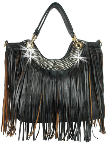 Fringed Rhinestone Accented Handbag - Black