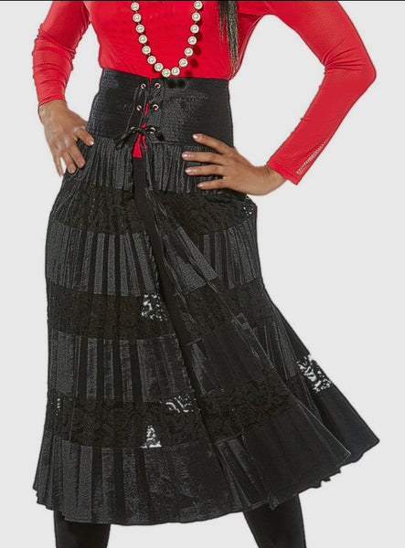 Black Pleated Fabric and Lace Skirt