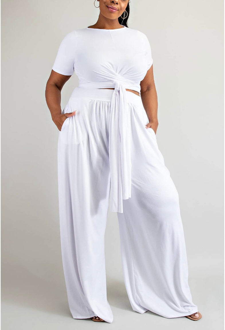 Solid Wrap Around Short Sleeve Top & Pants Set