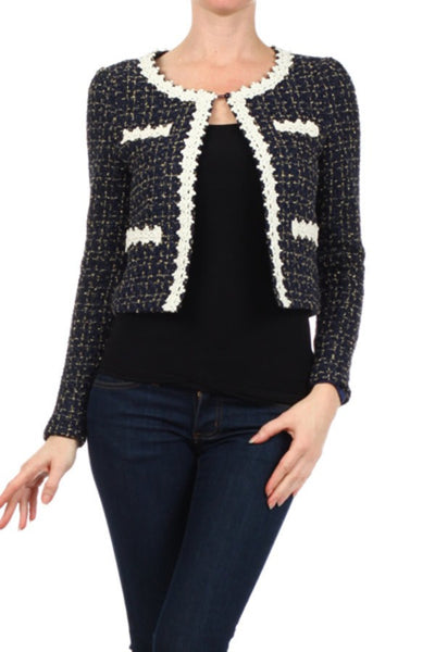 Knitted, cropped jacket with single button closure at collar- Women