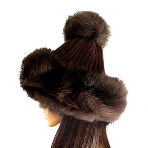 Brown Knit and Fur Pom Beanie  Brown, Multi Tone