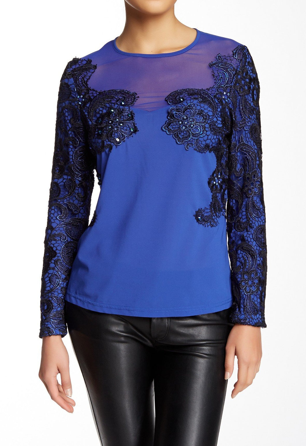 Lace and mesh add timeless character to this long sleeve blouse