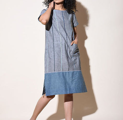 Women Blue Cotton Dress with Top Stitch