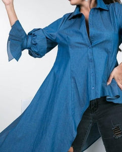 Women Asymmetric Hem w/ruffle Long Sleeve, Button Down Shirt