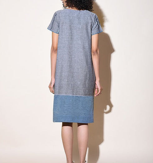 Women Blue Cotton Dress with Top Stitch