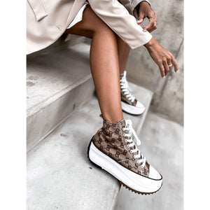 Mocha Lace Up Chunky High Top Printed Sneakers Women