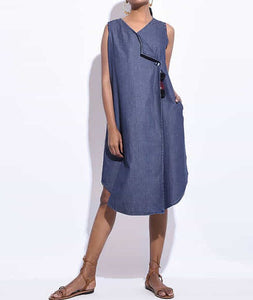 Women Blue Denim Hand Embroidered Wrap Dress