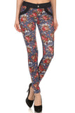 Floral printed slim fit pants with denim contrast