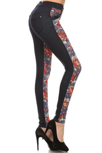 Floral printed slim fit pants with denim contrast