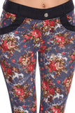 Floral printed slim fit pants with denim contrast
